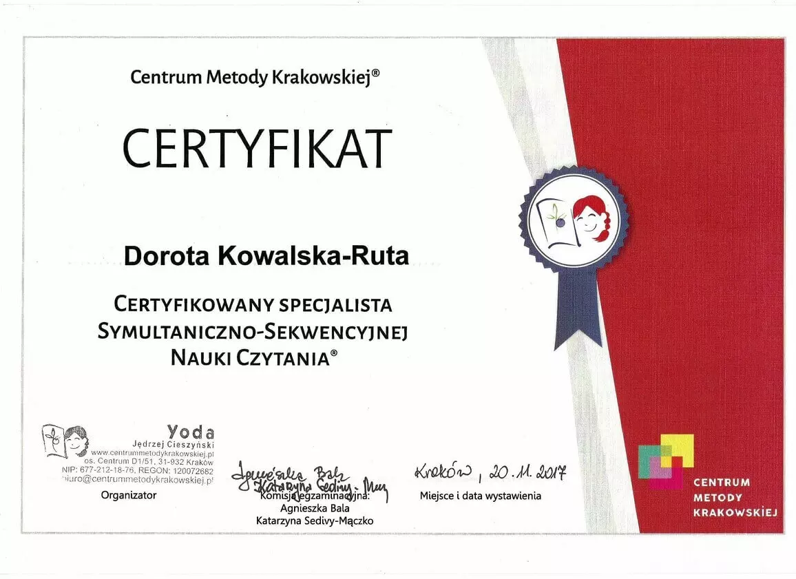 Zdjęcie przedstawia Certyfikat specjalisty symultaniczno-sekwencyjnej nauki czytania Doroty Kowalskiej-Ruty